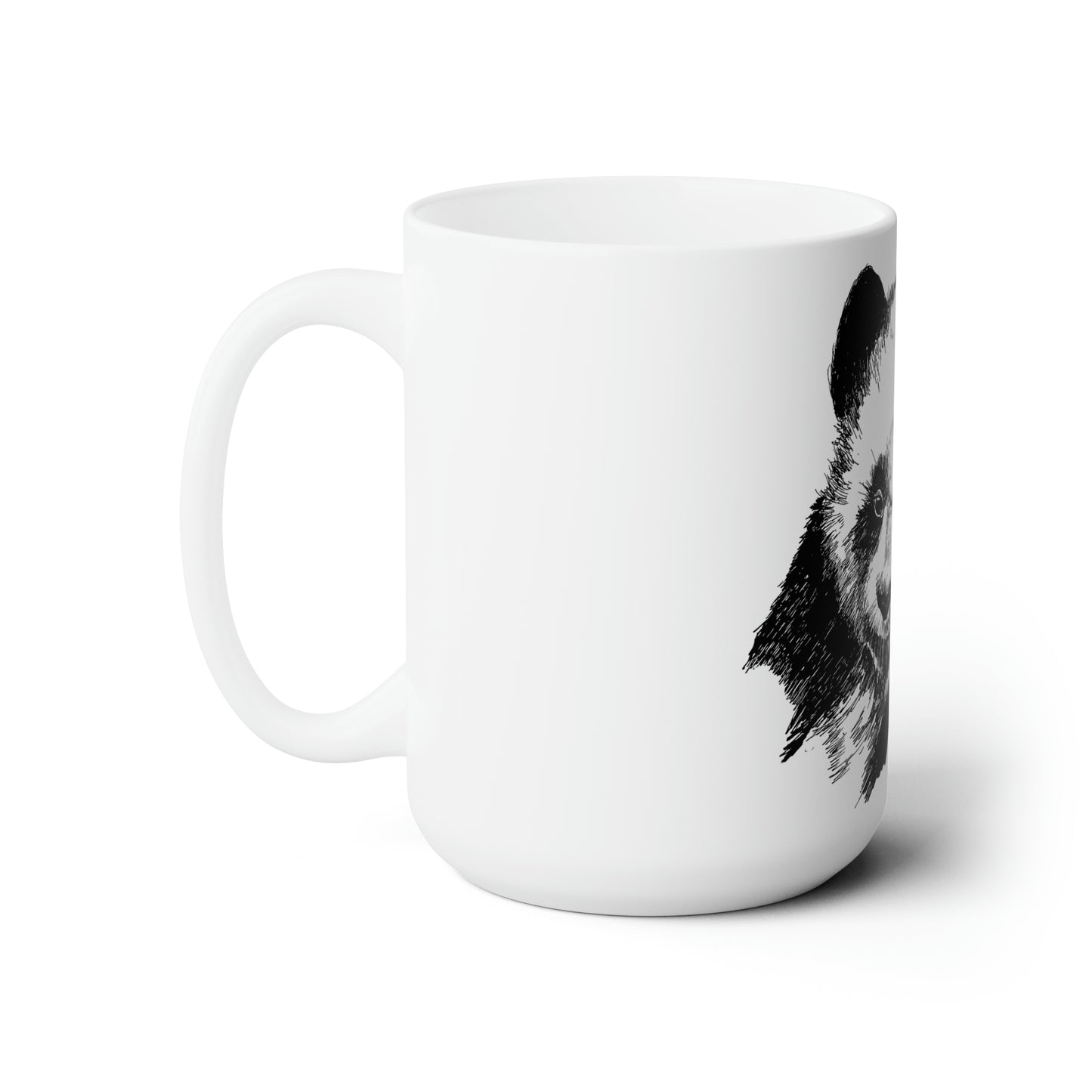 White Ceramic Mug 15oz - Minimalistic Monochrome Drawing of a Panda
